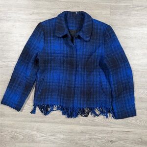Elliott Lauren Blue Plaid Women's Jacket Fringe Wool